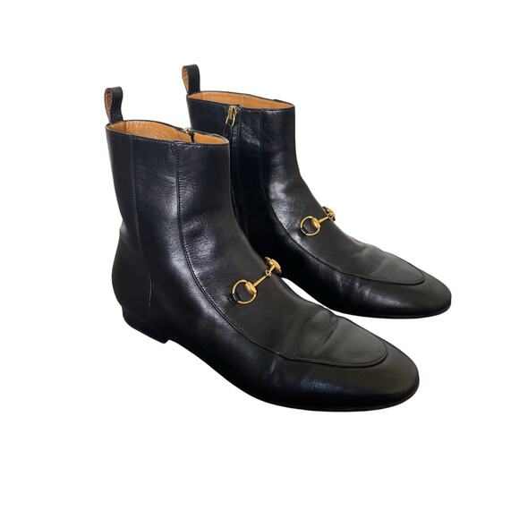 Gucci Jordaan Horsebit Chelsea Leather Black Side Zip Flat Ankle Boots Size 41.5 - Picture 1 of 16